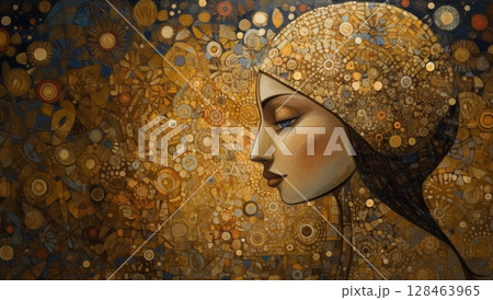 Golden Profile An Abstract Artistic Representation of a Thoughtful Woman in Contemplation 128463965