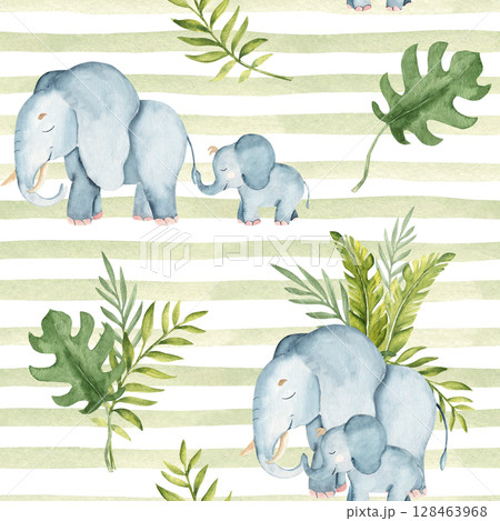Watercolor seamless pattern with cute elephant baby and adult and Tropical leaves on green striped background. Safari Animals hand drawn illustrations for kid textile prints, wallpaper and packaging Watercolor seamless pattern with cute elephant baby and adult and Tropical leaves on green striped background. Safari Animals hand drawn illustrations for kid textile prints, wallpaper and packaging 128463968