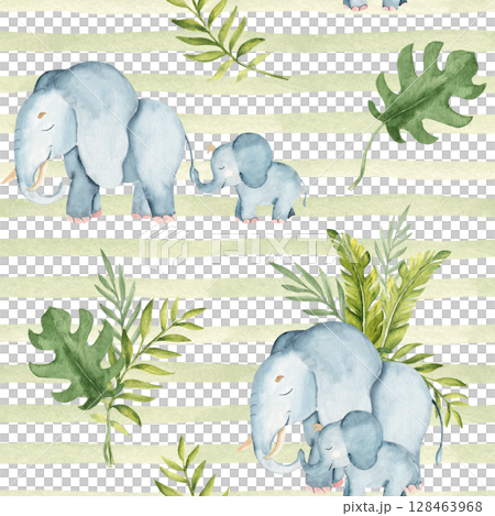 Watercolor seamless pattern with cute elephant baby and adult and Tropical leaves on green striped background. Safari Animals hand drawn illustrations for kid textile prints, wallpaper and packaging 128463968