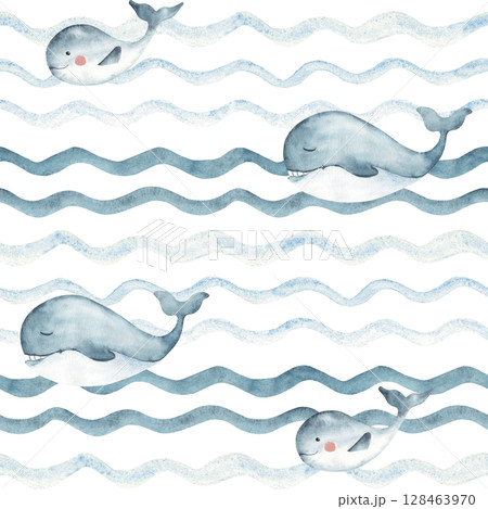 Watercolor Marine kids seamless pattern with blue Whales family, adult and child swimming in Ocean waves. Hand drawn illustration for kids wallpaper, textile and packaging prints. 128463970