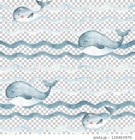 Watercolor Marine kids seamless pattern with blue Whales family, adult and child swimming in Ocean waves. Hand drawn illustration for kids wallpaper, textile and packaging prints. 128463970