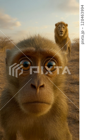 A Majestic and Surprised Monkey Encountering a Lion in the Wilds of Africas Landscape 128463994