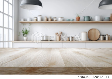 A table top empty wood table light white kitchen interior. 128464044