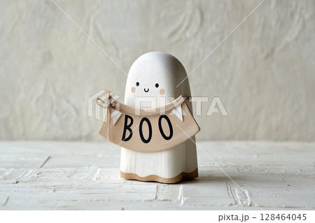 White wooden ghost with a BOO banner hanging ,against a white wood background. Halloween decoration with a simple design and wood carving, featuring minimal details in a minimalist style. White wooden ghost with a BOO banner hanging ,against a white wood background. Halloween decoration with a simple design and wood carving, featuring minimal details in a minimalist style. 128464045