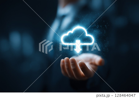 The business man is using online file sharing or saving virtualized objects in a computer network system for a business plan. This is a digital marketing concept. 128464047