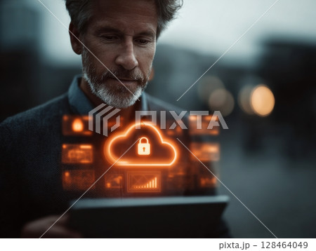 Cyber internet network security data protection technology innovation. A conceptual of cybersecurity measures protecting data, with abstract representations of locks and data streams, emphasizing the 128464049