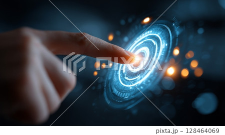 Close-up of index finger clicking on blue holographic projection AI button, surrounded by technological lights. 128464069