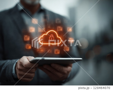 Cyber internet network security data protection technology innovation. A conceptual of cybersecurity measures protecting data, with abstract representations of locks and data streams, emphasizing the 128464070