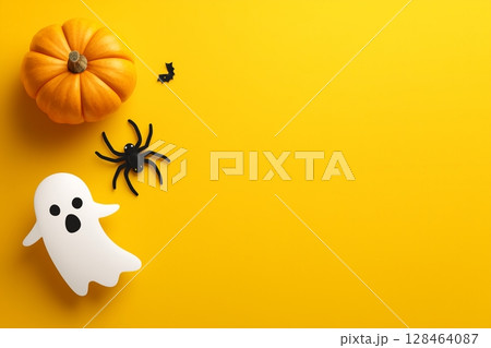 Halloween background, yellow background, top view, Halloween pumpkin, ghost paper cutout, spider. Halloween background, yellow background, top view, Halloween pumpkin, ghost paper cutout, spider. 128464087