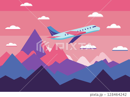 Airplane takes off against a beautiful sunrise in the mountains Airplane takes off against a beautiful sunrise in the mountains 128464242