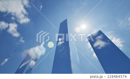 futuristic skycrappers in blue sky with clouds futuristic skycrappers in blue sky with clouds 128464574