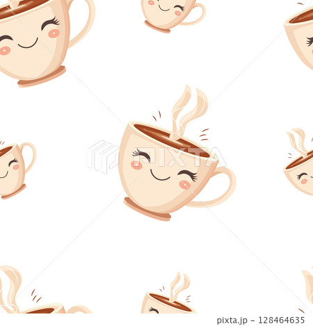 Seamless pattern with beige cartoon cute smiling coffee cups on white background. Vector illustration. Perfect for children designs, packaging, textiles, and wrapping paper. 128464635