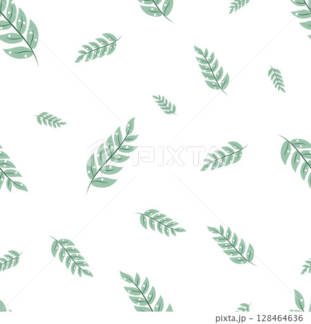 Seamless pattern with minimalist green branches and white dots on a white background. Hand-drawn vector illustration. Perfect for textiles, wrapping paper, packaging, and decorative projects 128464636