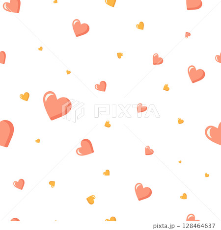 Seamless pattern with different sized hearts in pink, red and gold. Delicate pattern for wedding, cards, love. Vector, white background. 128464637