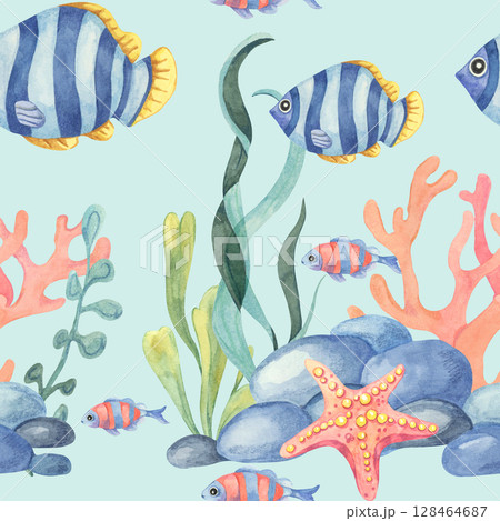 Watercolor clipart seamless pattern featuring tropical fish, coral reef plants, and bubbles on mint. Perfect for fabric printing, wallpaper, beach accessories, and stationery Watercolor clipart seamless pattern featuring tropical fish, coral reef plants, and bubbles on mint. Perfect for fabric printing, wallpaper, beach accessories, and stationery 128464687