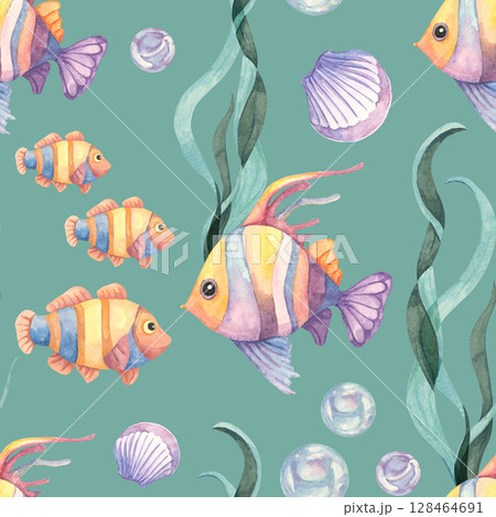 Purple and yellow fish, seaweed, shells, and bubbles in seamless pattern on teal. A watercolor illustration perfect for wrapping paper, fabric design, and childrens decor Purple and yellow fish, seaweed, shells, and bubbles in seamless pattern on teal. A watercolor illustration perfect for wrapping paper, fabric design, and childrens decor 128464691