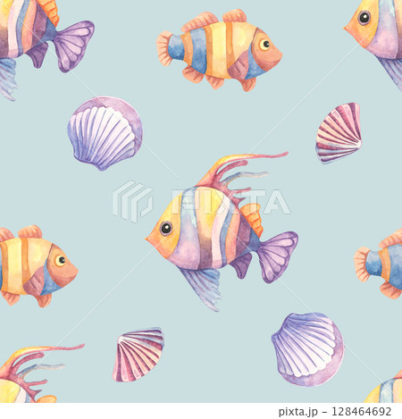 Striped fish, pink shells, and marine elements in watercolor clipart seamless pattern on soft aqua. Perfect for baby clothing, packaging, wallpaper, and underwater-themed decor 128464692