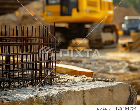 Construction Progress Shows Concrete Foundation and Exposed Rebar With Equipment on Site 128464754