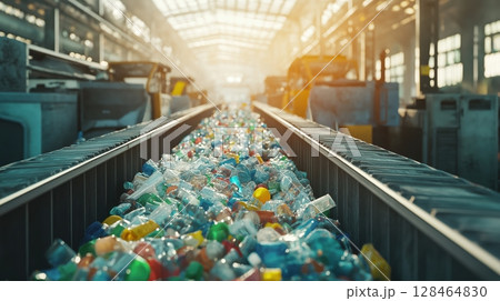 Modern Recycling Center Showcasing Advanced Machinery Sorting Plastics and Metals Under Sunlight Modern Recycling Center Showcasing Advanced Machinery Sorting Plastics and Metals Under Sunlight 128464830