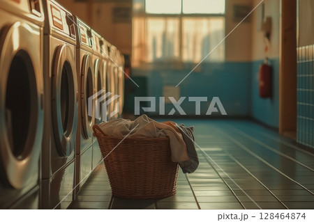 Laundry basket filled with clothes in a quiet laundromat during golden hour Laundry basket filled with clothes in a quiet laundromat during golden hour 128464874