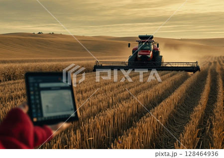 Advancements in agriculture with technology aiding modern harvesting in golden fields 128464936