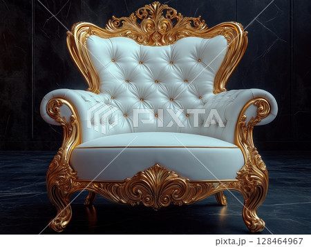 Elegant vintage armchair with gold detailing in an opulent interior setting 128464967
