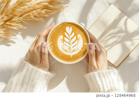 Warm latte art served in a cozy setting with natural elements and soft lighting Warm latte art served in a cozy setting with natural elements and soft lighting 128464968