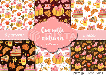Whimsical autumn vector patterns with pumpkins, bows, pie, books, socks and cozy details in coquette aesthetic. Great for fabric, planners, wrapping paper and decor. Whimsical autumn vector patterns with pumpkins, bows, pie, books, socks and cozy details in coquette aesthetic. Great for fabric, planners, wrapping paper and decor. 128465041