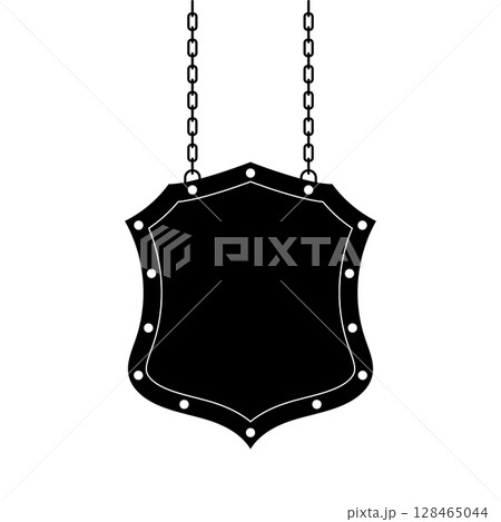 Vintage Hanging Shield Signboard with Chains. Black Silhouette Vector Illustration. A vintage style hanging shield signboard suspended by two vertical chains. Vintage Hanging Shield Signboard with Chains. Black Silhouette Vector Illustration. A vintage style hanging shield signboard suspended by two vertical chains. 128465044