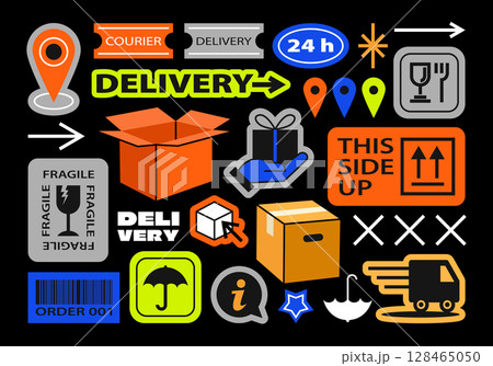 Collection of various patches, labels, tags, stickers, shipping, delivery, packaging. Funky hipster stickers in 90s style. Vector set, trendy promo labels in retro cartoon style. Flat illustrations. Collection of various patches, labels, tags, stickers, shipping, delivery, packaging. Funky hipster stickers in 90s style. Vector set, trendy promo labels in retro cartoon style. Flat illustrations. 128465050