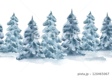 Seamless watercolor winter border with snowy Christmas trees in muted blues and greys isolated. Hand painted repeating pattern of snowy spruce for holiday packaging, textile festive designs. 128465067