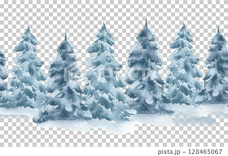 Seamless watercolor winter border with snowy Christmas trees in muted blues and greys isolated. Hand painted repeating pattern of snowy spruce for holiday packaging, textile festive designs. 128465067
