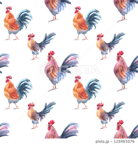 Rustic rooster sketch seamless pattern in bright watercolor tones isolated. Countryside birds hand painted repeat background for textile cockerel style, eco branding and cozy kitchen decor, wallpaper. Rustic rooster sketch seamless pattern in bright watercolor tones isolated. Countryside birds hand painted repeat background for textile cockerel style, eco branding and cozy kitchen decor, wallpaper. 128465076