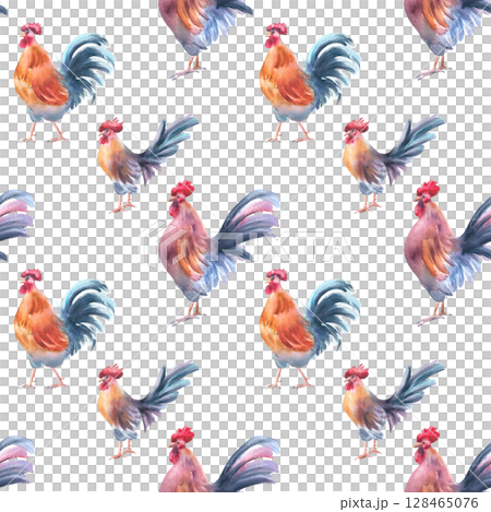 Rustic rooster sketch seamless pattern in bright watercolor tones isolated. Countryside birds hand painted repeat background for textile cockerel style, eco branding and cozy kitchen decor, wallpaper. Rustic rooster sketch seamless pattern in bright watercolor tones isolated. Countryside birds hand painted repeat background for textile cockerel style, eco branding and cozy kitchen decor, wallpaper. 128465076