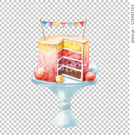 A cut birthday cake with flags on a stand, hand-drawn. The watercolor illustration is isolated on a white background. Template for postcards and greetings. 128465163