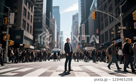 大都会の真ん中で立ち止まり、空の上にみつけたものを見上げる男性 大都会の真ん中で立ち止まり、空の上にみつけたものを見上げる男性 128465208