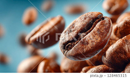 Hyper-detailed close-up of a floating roasted coffee bean with crisp texture and soft background blur 128465315