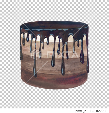 Holiday cake, covered with chocolate icing, is hand-drawn. The watercolor illustration is isolated on a white background. Clipart. The template for the above design. 128465357