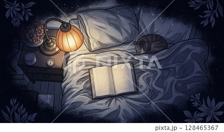 静かな夜更けの猫と灯りのベッド読書 静かな夜更けの猫と灯りのベッド読書 128465367