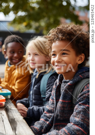 group of children sitting on bench in schoolyard, lunch boxes, chatting and laughing, multi-ethnic, real emotion, warm sunny day, lifestyle school image group of children sitting on bench in schoolyard, lunch boxes, chatting and laughing, multi-ethnic, real emotion, warm sunny day, lifestyle school image 128465422