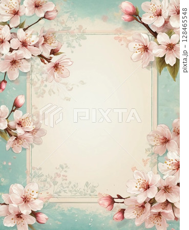 Surrounded by blooming cherry blossoms, a serene pastel backdrop invites heartfelt messages and creative expressions for special occasions in springtime. 128465548
