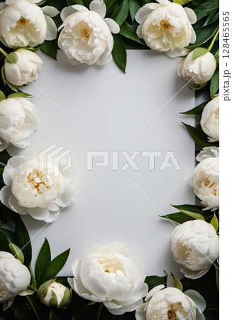 Soft white peonies elegantly encircle a blank canvas, showcasing their delicate petals and lush green leaves. This natural arrangement invites creativity for invitations or artwork. Soft white peonies elegantly encircle a blank canvas, showcasing their delicate petals and lush green leaves. This natural arrangement invites creativity for invitations or artwork. 128465565