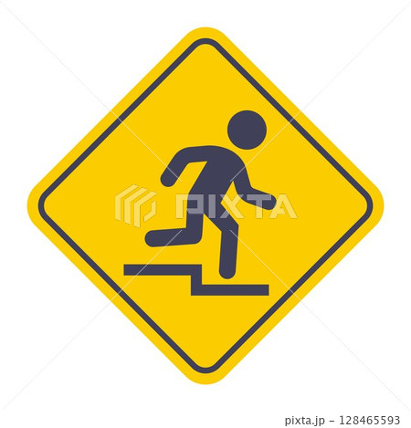 Caution stairs down yellow sticker. 128465593