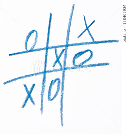 Hand drawn tic tac toe game, drawn with blue pencil on white paper. Hand drawn tic tac toe game, drawn with blue pencil on white paper. 128465934