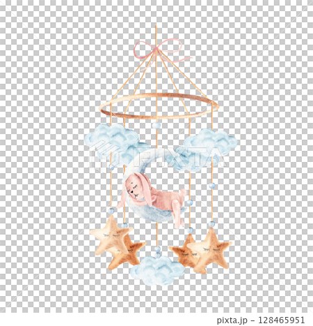 Watercolor baby cradle Mobile with cute pink rabbit sleeping on moon with clouds and stars. Hand drawn illustration in pastel colors of kids hanging toy. For greeting cards, gender reveal, its a girl 128465951