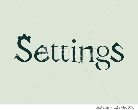 Stylized vector typography spelling settings with mechanical and creature-like elements in each letterform 128466076