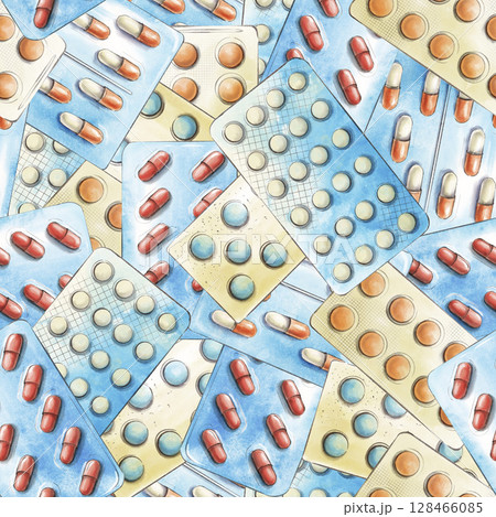 Seamless pattern of many blister packs with pills. Top view, full frame of different colorful capsules and tablets with medicines. Watercolor illustration with outline Seamless pattern of many blister packs with pills. Top view, full frame of different colorful capsules and tablets with medicines. Watercolor illustration with outline 128466085