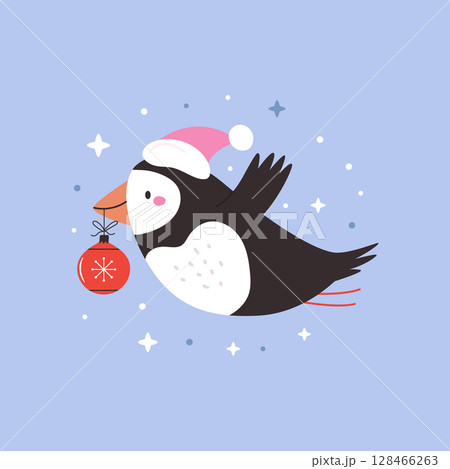 Cute Christmas Puffin in Santa Hat. Winter Holiday Cartoon Card with Adorable Bird 128466263