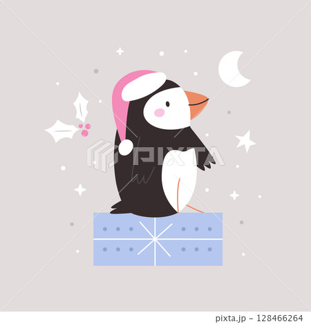 Cute Christmas Puffin in Santa Hat. Winter Holiday Cartoon Card with Adorable Bird 128466264