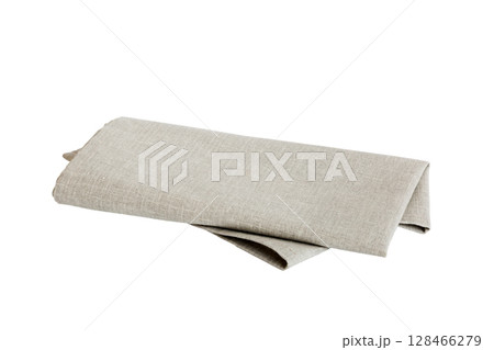 Grey textile napkin isolated on white background. Folded decorative kitchen cotton towel. Top view 128466279
